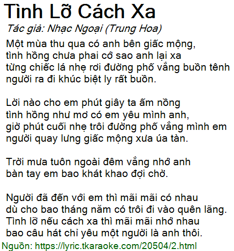 Lời Bài Hát Tình Lỡ Cách Xa