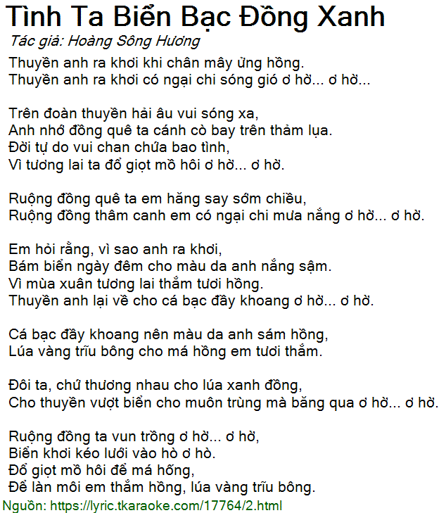 Lời Bài Hát Tình Ta Biển Bạc Đồng Xanh