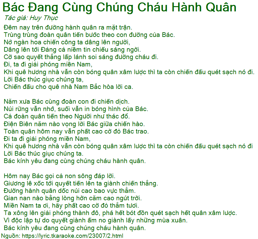 Lời Bài Hát Tốp Ca Nam Bác Đang Cùng Chúng Cháu Hành Quân