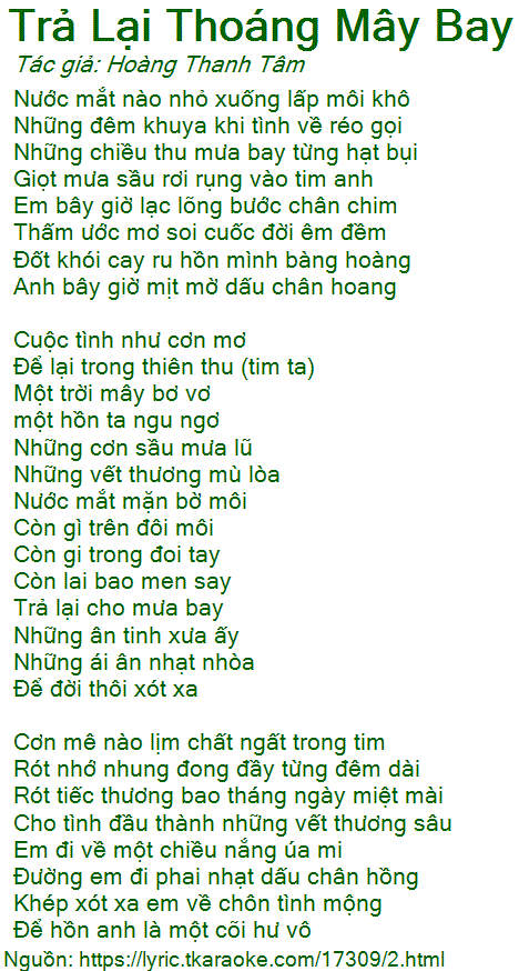 Lời Bài Hát Trả Lại Thoáng Mây Bay