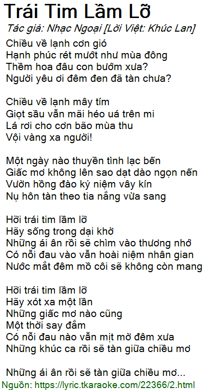 Lời Bài Hát Trái Tim Lầm Lỡ