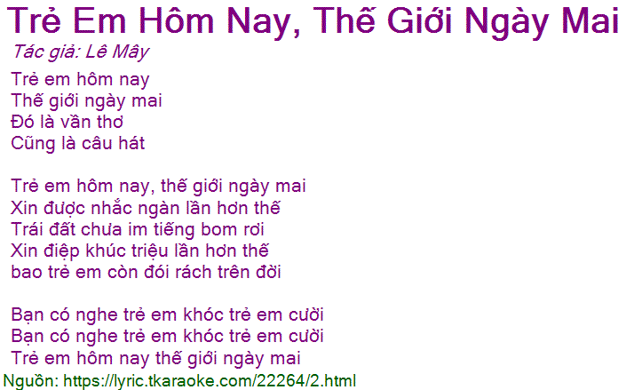 Lời Bài Hát Trẻ Em Hôm Nay Thế Giới Ngày Mai