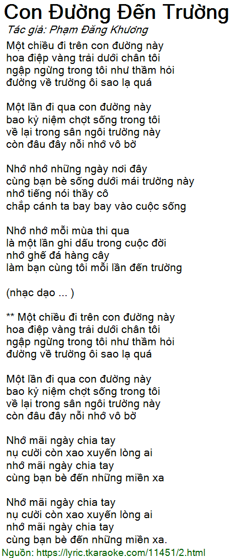 Lời Bài Hát Trên Con Đường Đến Trường