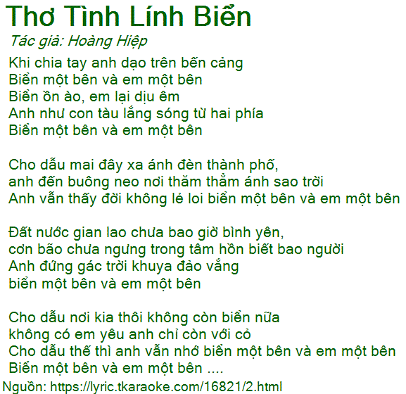 Lời Bài Hát Trọng Tấn Thơ Tình Lính Biển