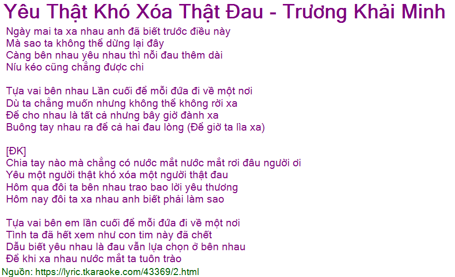 Lời Bài Hát Trương Khải Minh - Yêu Thật Khó Xóa Thật Đau