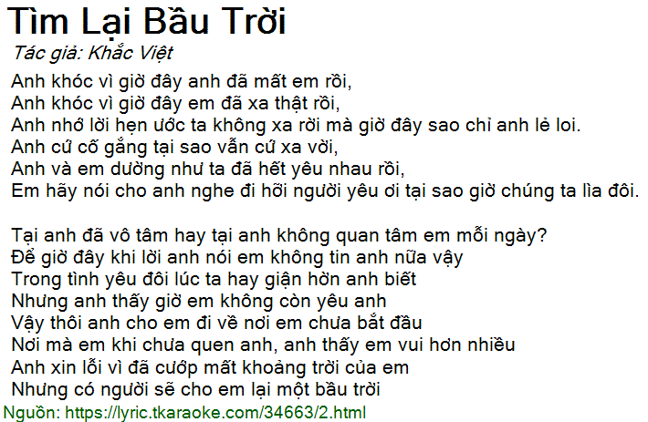 Lời Bài Hát Tìm Lại Bầu Trời - Tuấn Hưng