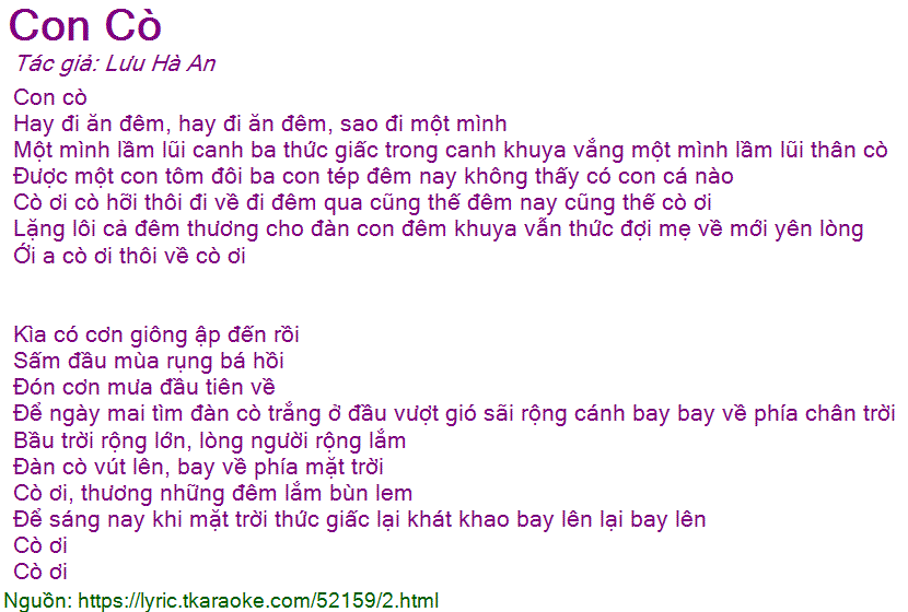 Lời Bài Hát Tùng Dương Con Cò
