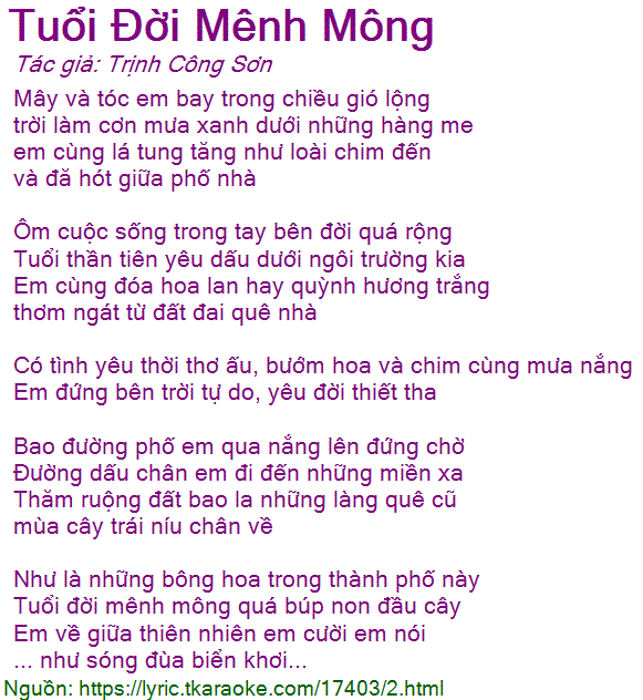 Lời Bài Hát Tuổi Đời Mênh Mông
