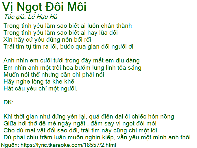 Lời Bài Hát Vị Ngọt Đôi Môi