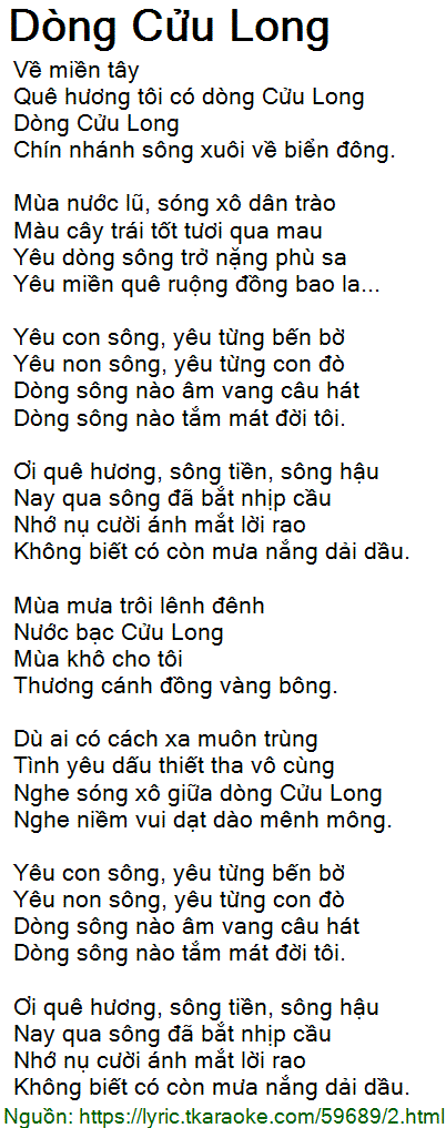 Lời Bài Hát Xuôi Dòng Cửu Long