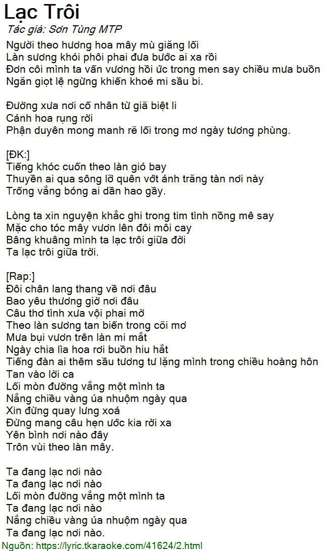 Lời Bài Hát Lạc Trôi