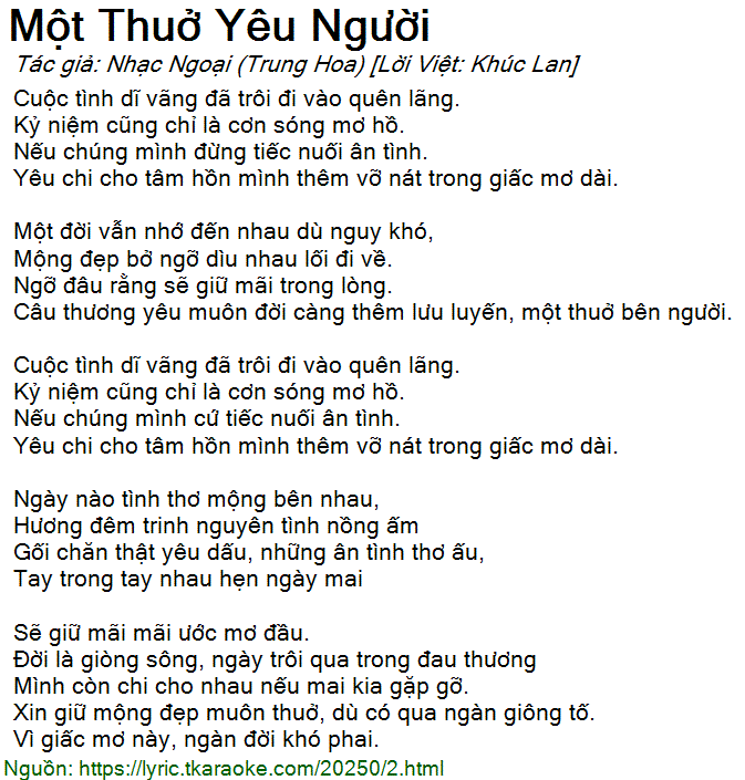 Lời Bài Hát Một Thuở Yêu Người