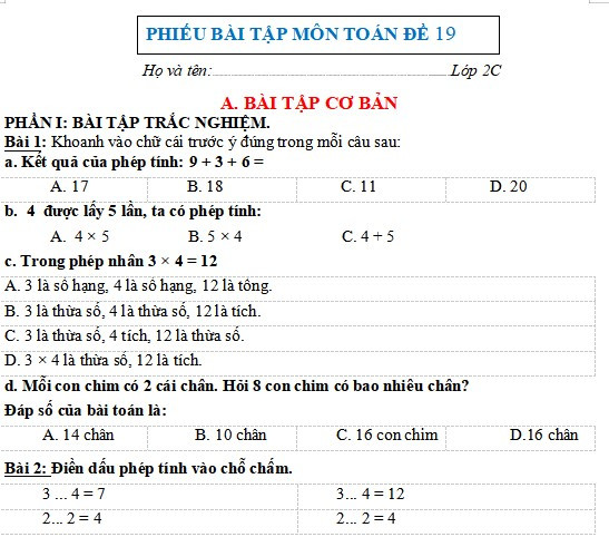 Phiếu Bài Tập Toán Lớp 2 Kết Nối Tri Thức Gallery 2