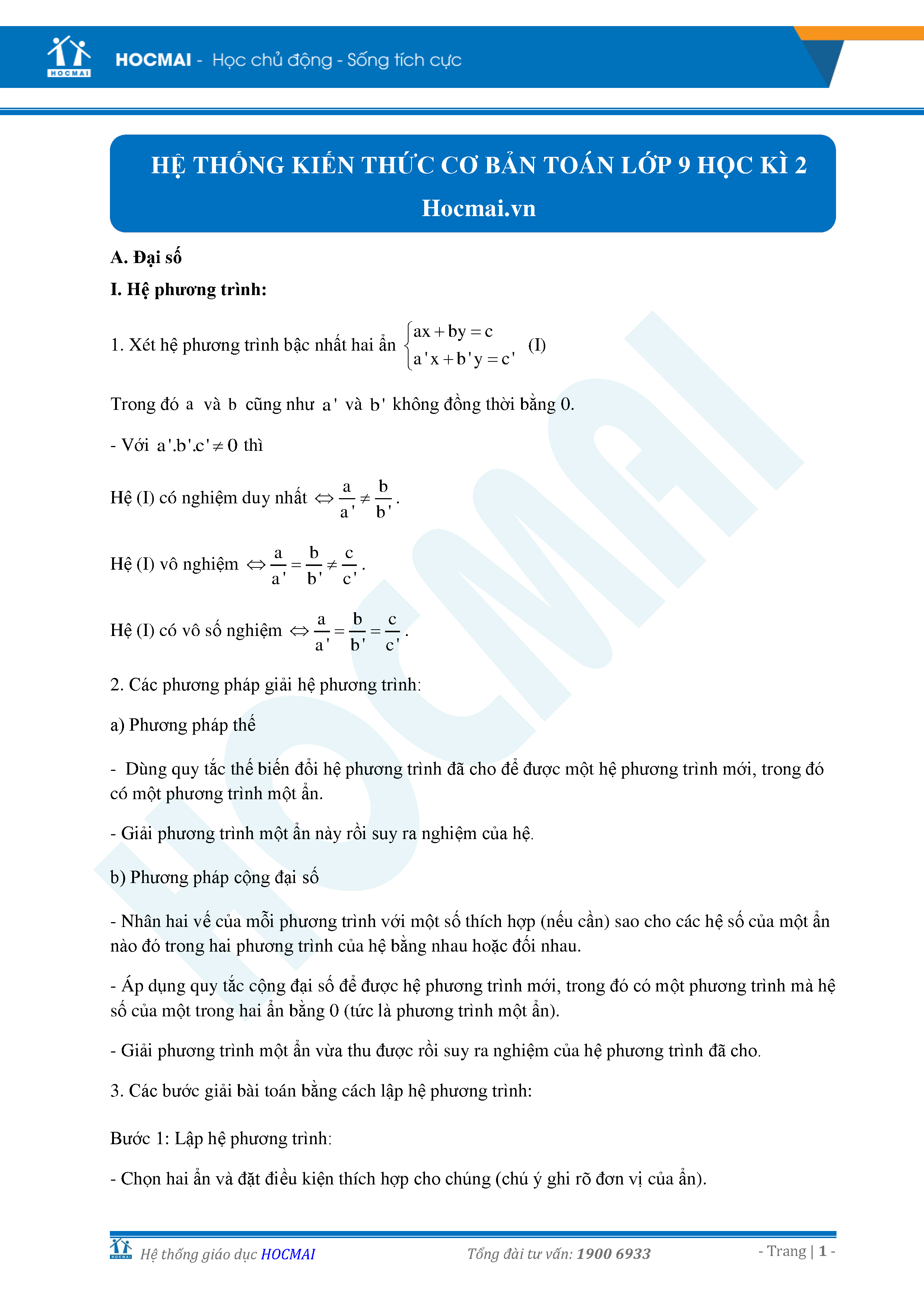 Lý thuyết Toán 9 Học kì 2