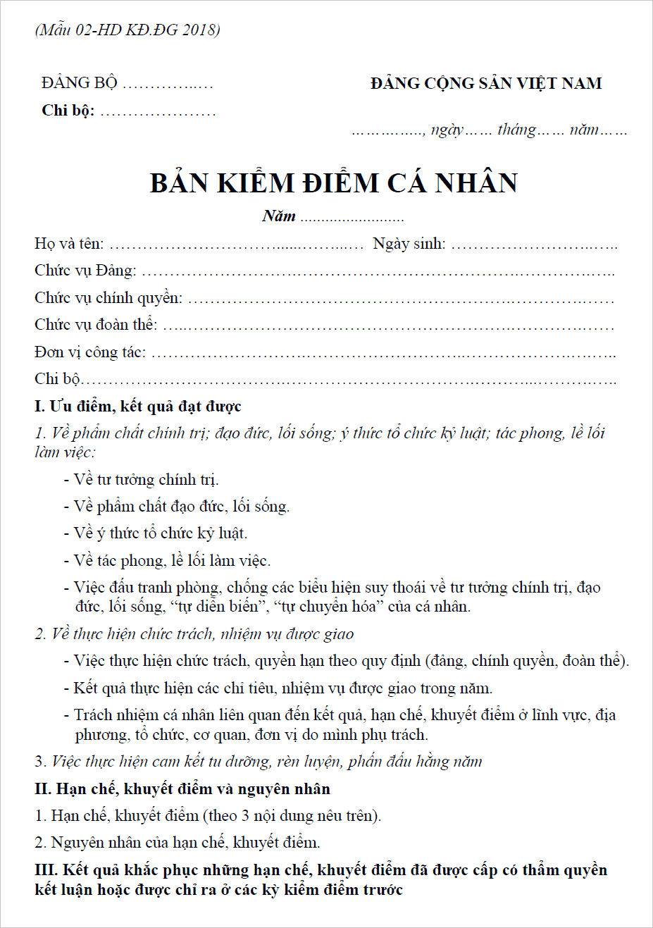 Mẫu Bản Tự Kiểm Điểm Cá Nhân