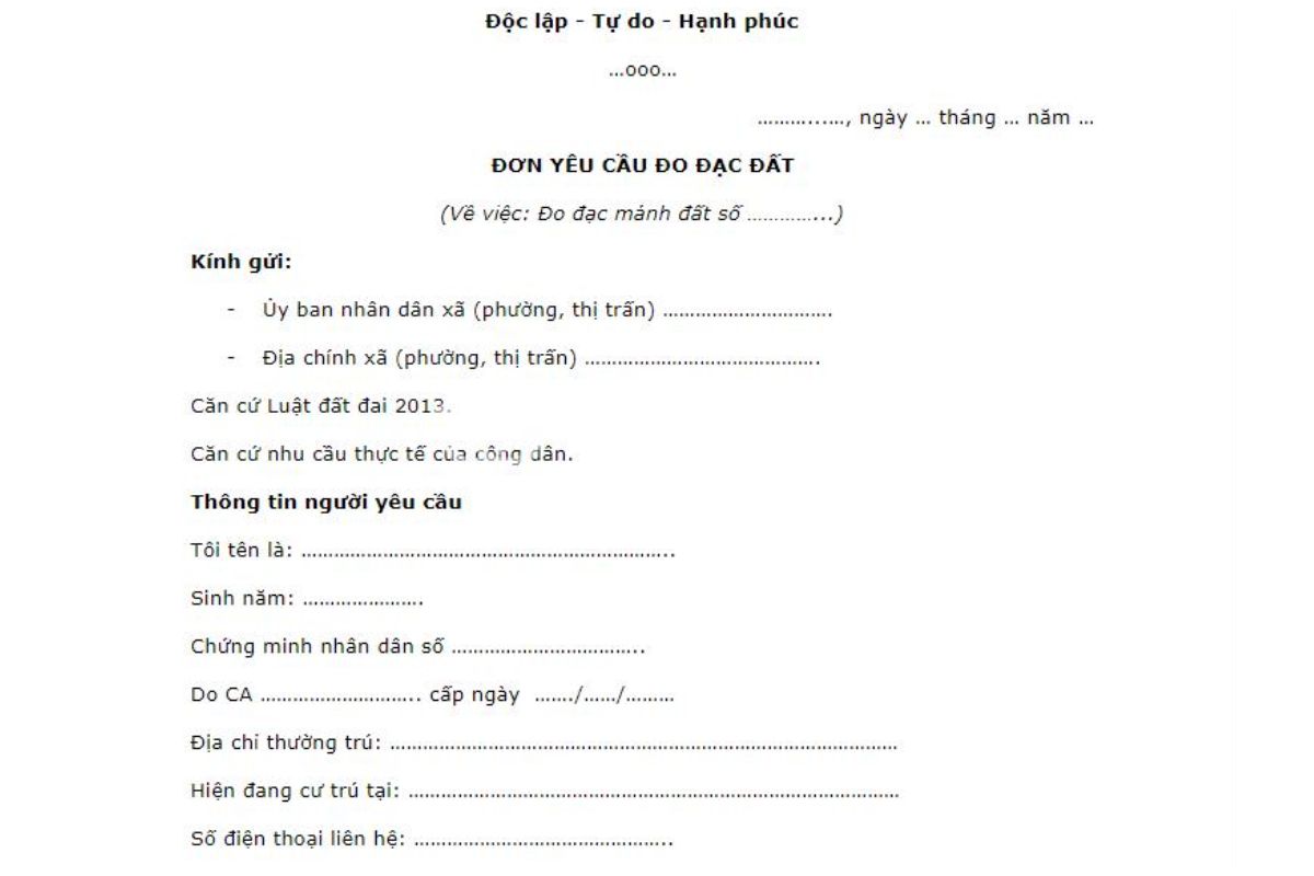 Mẫu đơn đề nghị đo đạc đất