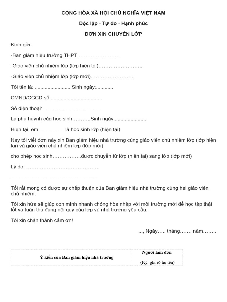 Mẫu đơn xin chuyển lớp cấp 3