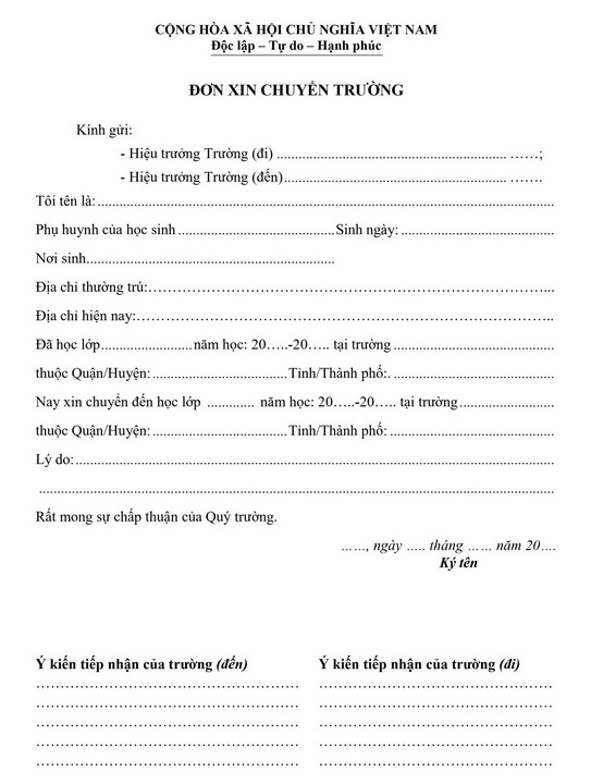 Mẫu đơn xin chuyển trường THCS trong tỉnh
