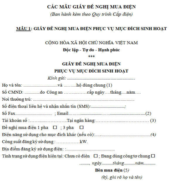 Mẫu Đơn Xin Lắp Công Tơ Điện