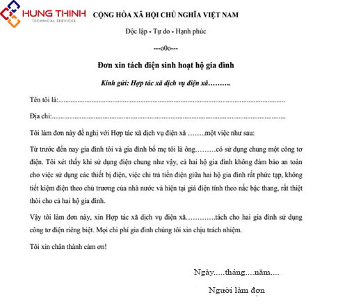 Mẫu Đơn Xin Lắp Công Tơ Điện Gallery 2