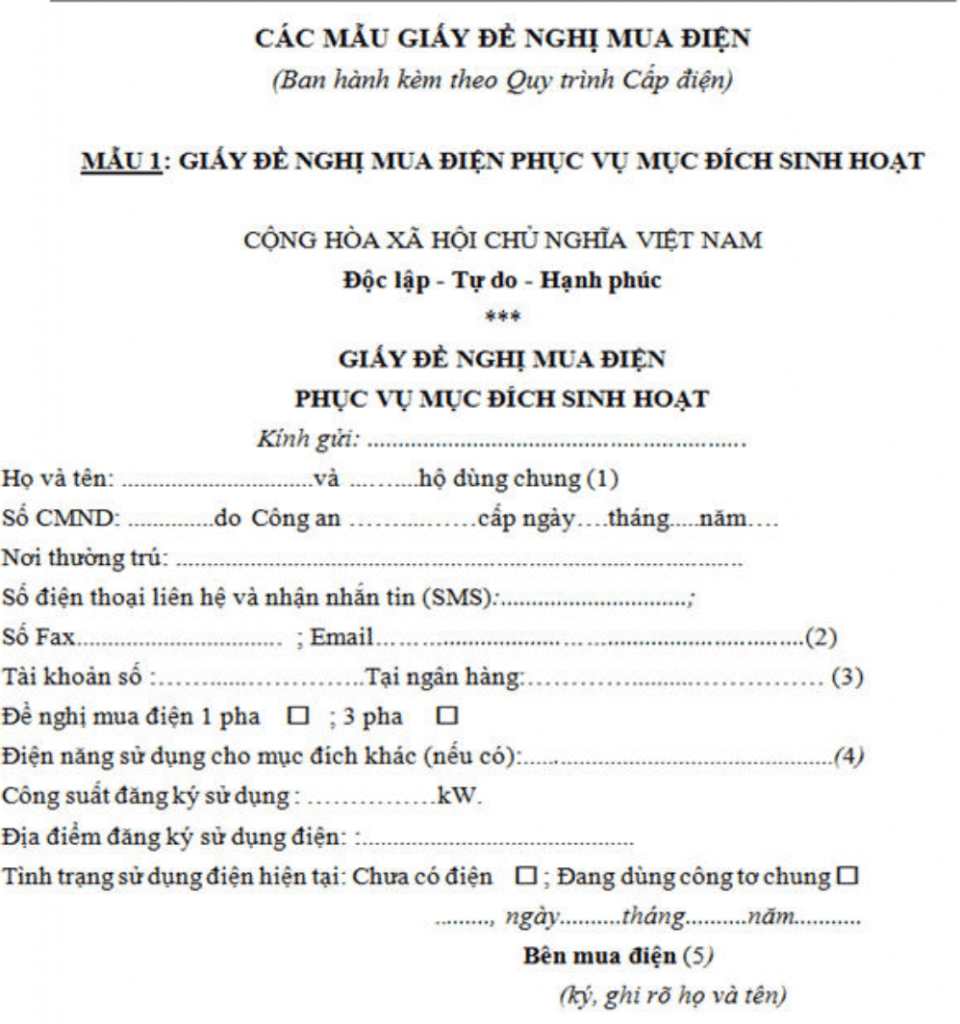 Mẫu đơn xin lắp đặt điện 1 pha
