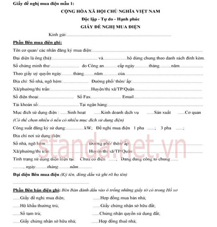 Mẫu đơn xin lắp điện 3 pha sản xuất