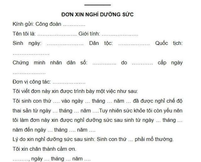 Mẫu đơn xin nghỉ dưỡng sức sau ốm đau