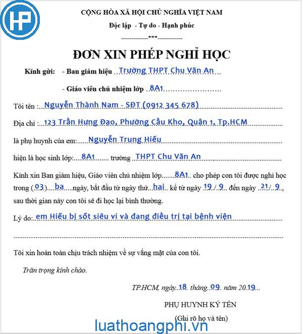 Mẫu đơn xin phép nghỉ học THCS Gallery 2