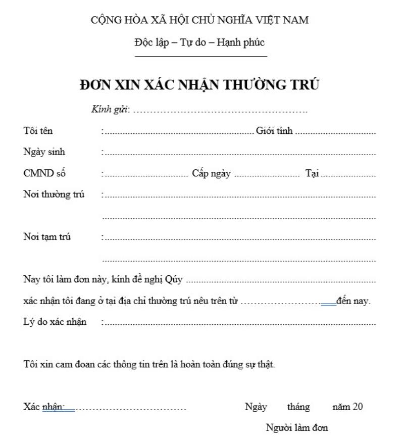 Mẫu đơn xin xác nhận thường trú tại địa phương