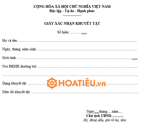 Mẫu Giấy Xác Nhận Khuyết Tật