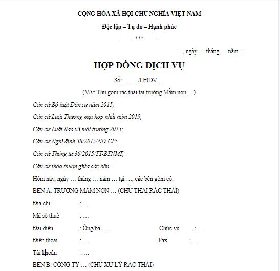 Mẫu Hợp Đồng Thu Gom Rác Thải Sinh Hoạt