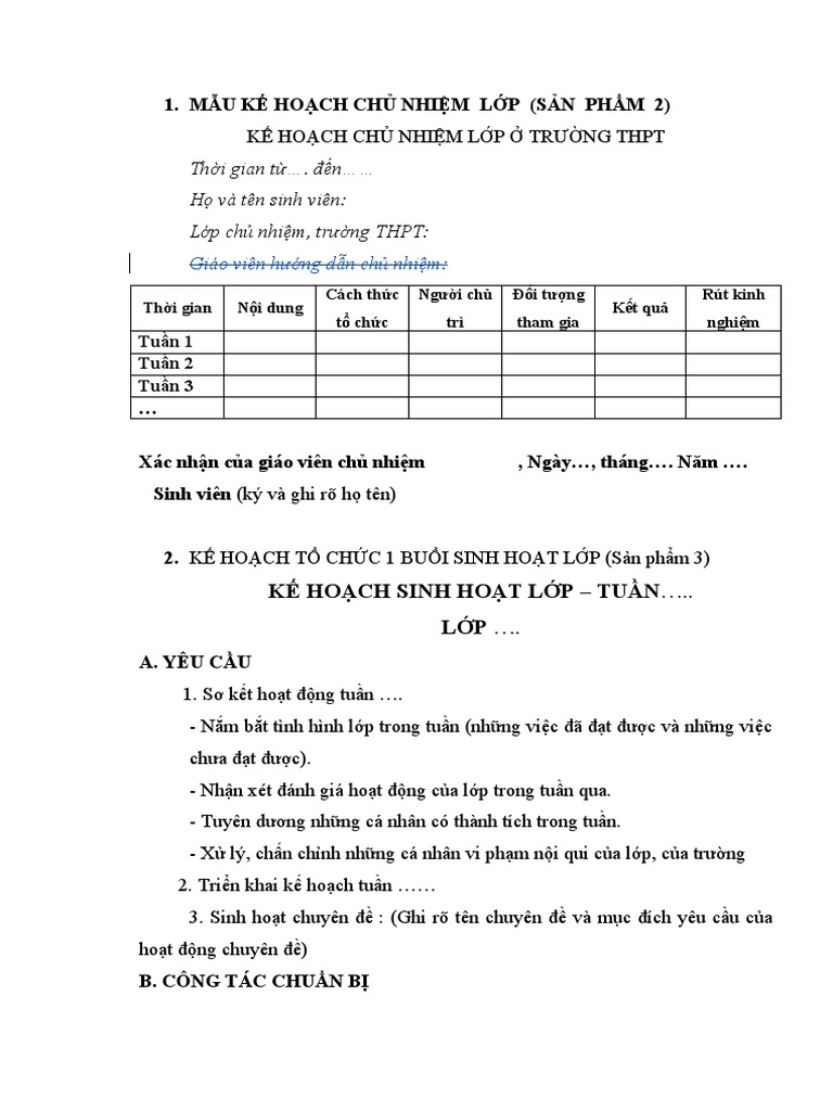 Mẫu Kế Hoạch Chủ Nhiệm Lớp Theo Tháng