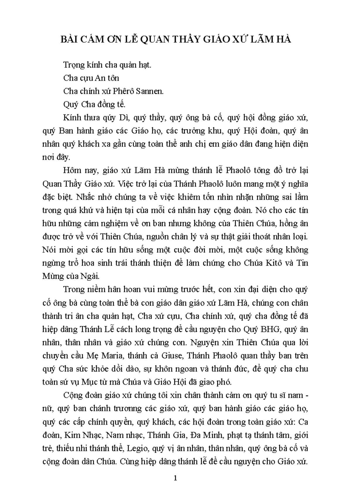 Mẫu Lời Cảm Ơn Sau Thánh Lễ Quan Thầy