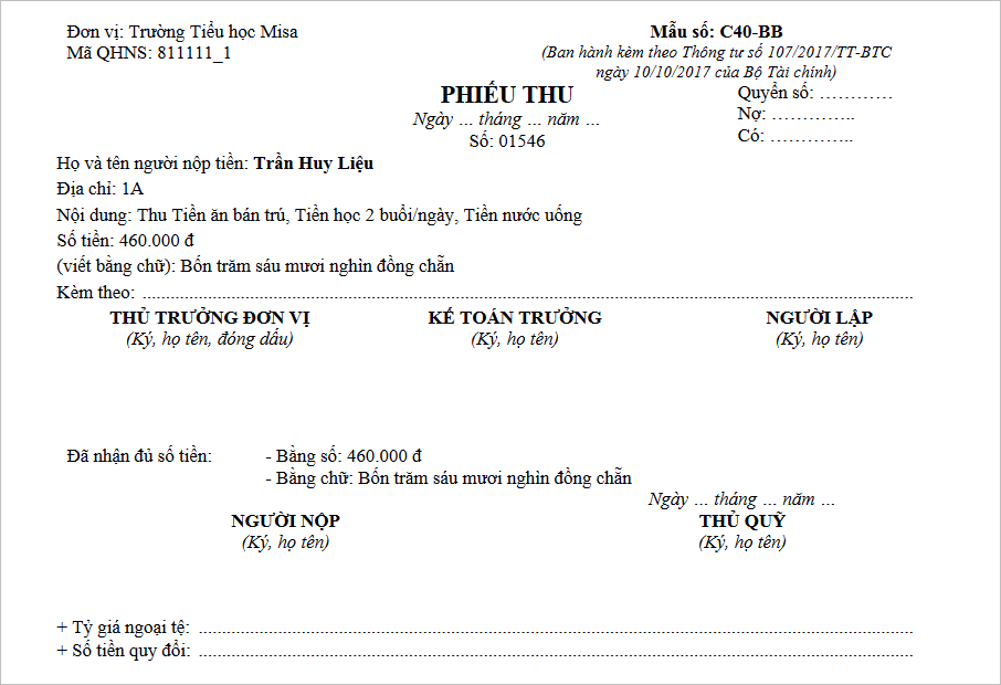 Mẫu Phiếu Thu Theo Thông Tư 107 Gallery 2