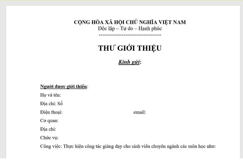 Mẫu Thư Giới Thiệu Của Thầy Cô