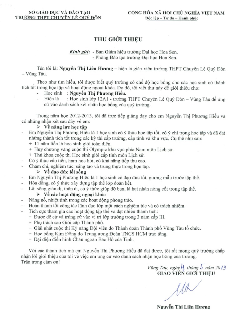 Mẫu Thư Giới Thiệu Của Thầy Cô Gallery 2