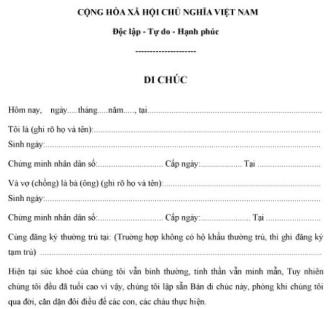 Mẫu Viết Di Chú Chuẩn Pháp Luật