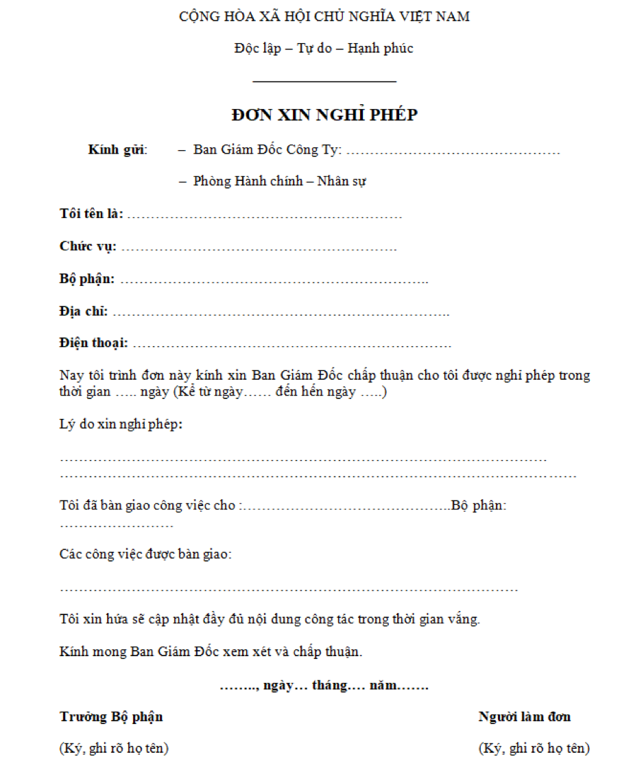 Mẫu đơn xin nghỉ phép chuẩn chỉnh và đầy đủ nhất