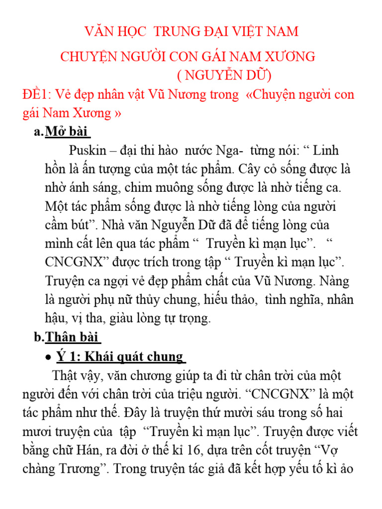 Mở Bài Chuyện Người Con Gái Nam Xương