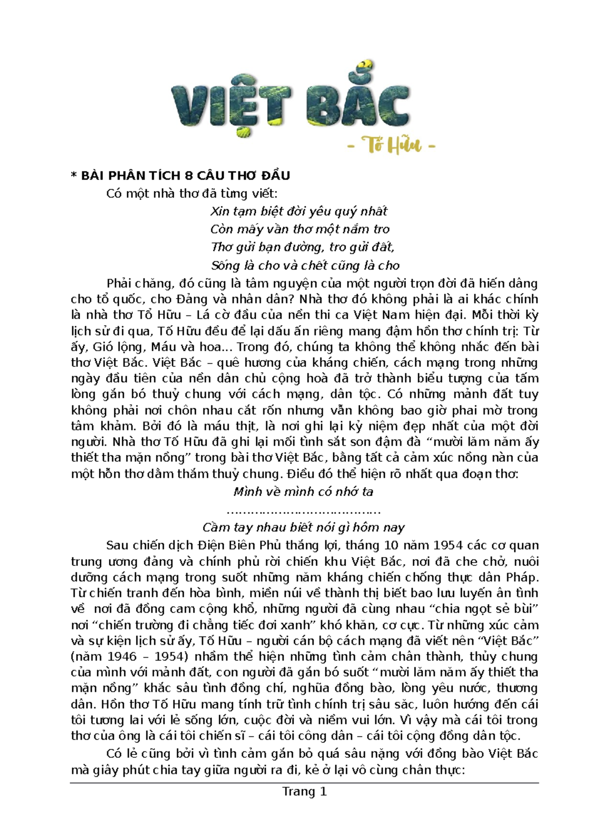 Phân tích 8 câu đầu Việt Bắc học sinh giỏi Gallery 1