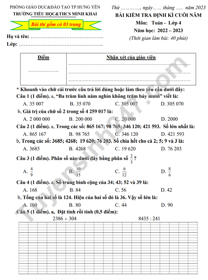 Đề Thi Toán Lớp 4 Kì 2: Tổng Hợp Kiến Thức & Bài Tập Gallery 2