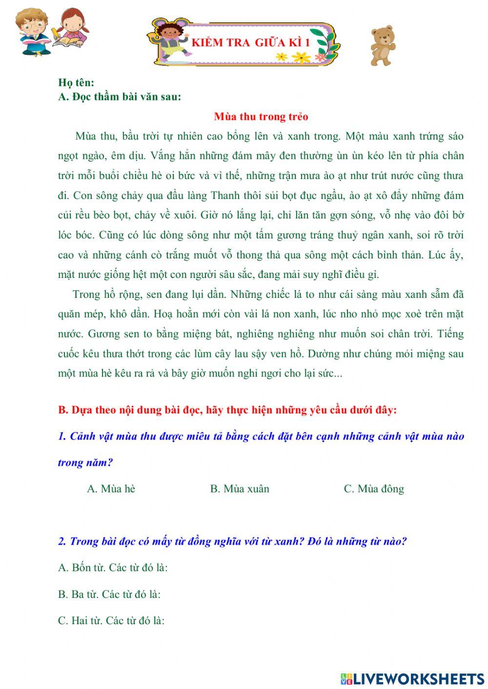 Mùa Thu Trong Trẻo Lớp 3