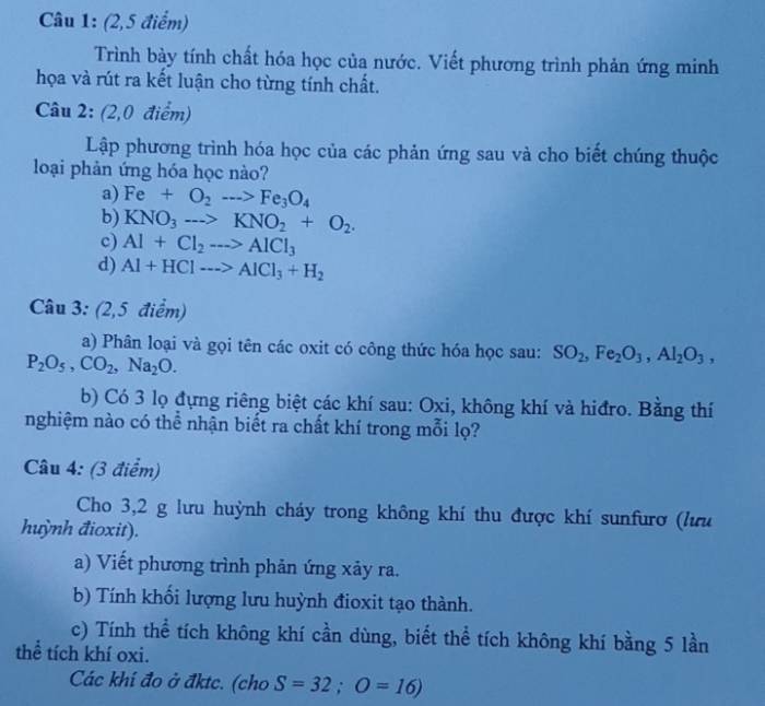 Tính chất hóa học của nước - Phương trình hóa học minh họa
