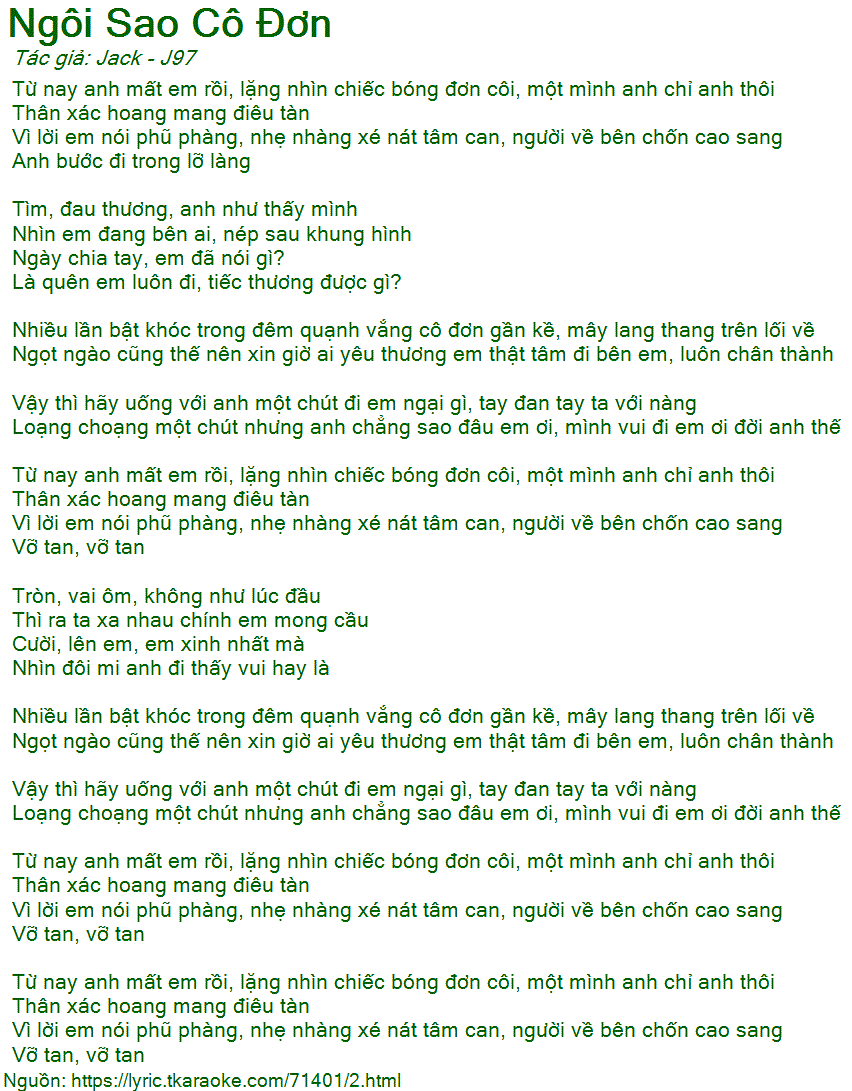 Ngôi Sao Cô Đơn - Jack Lời Bài Hát