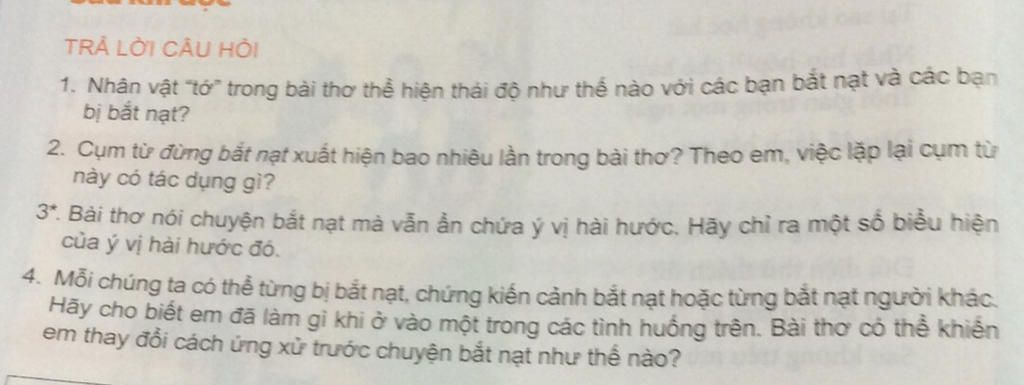 Thái độ của "Tớ" trong bài thơ với bạn bắt nạt và bạn bị bắt nạt