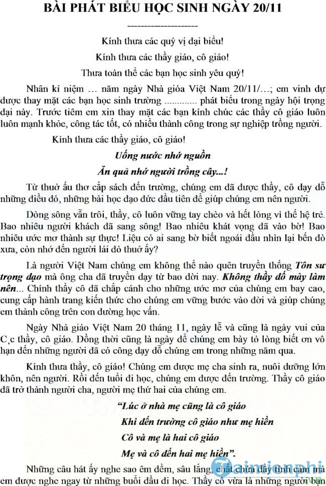Bài Phát Biểu 20/11 Hay và Ý Nghĩa Nhất Dành Cho Học Sinh Gallery 1