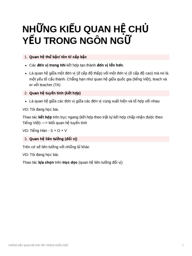 Những Kiểu Quan Hệ Chủ Yếu Trong Ngôn Ngữ