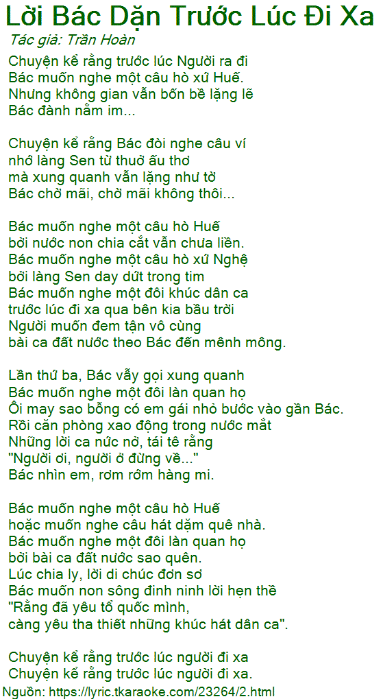 Lời Bài Hát Thu Hiền - Lời Bác Dặn Trước Lúc Đi Xa Gallery 1