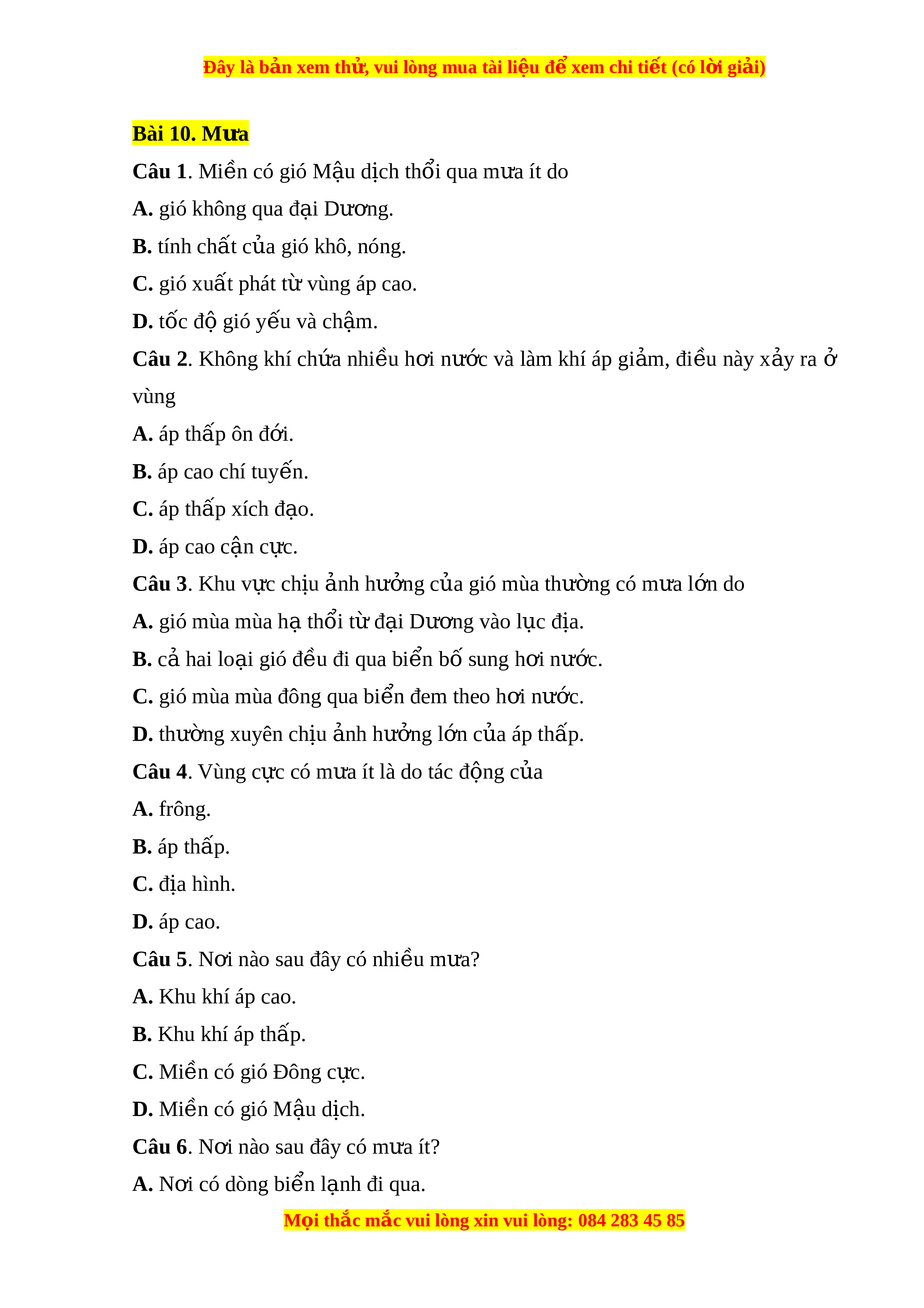 Nơi Nào Sau Đây Có Mưa Ít?