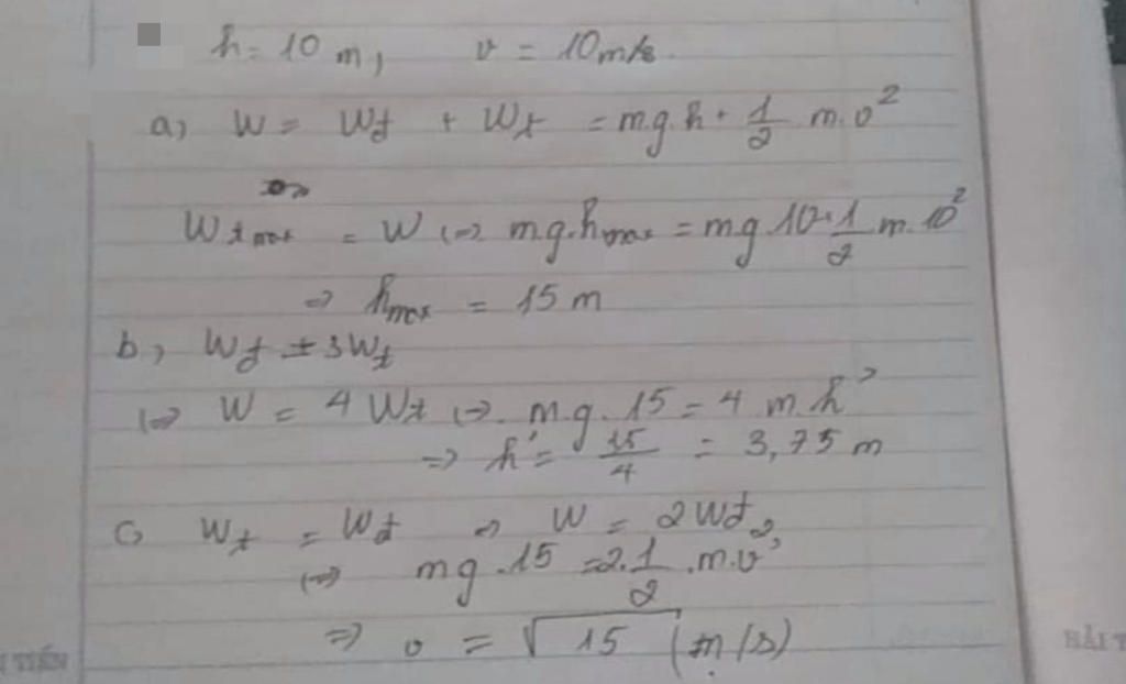 Ở vị trí nào của vật thì Wđ = 2Wt?